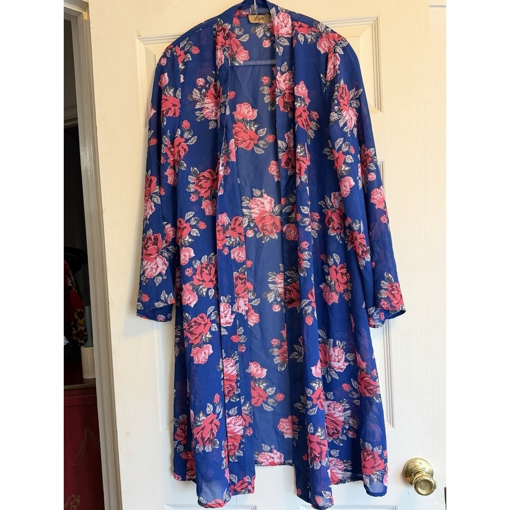 Jorja Kimono Duster Womens Large Blue Multi Excellent Long Flowy Floral Roses